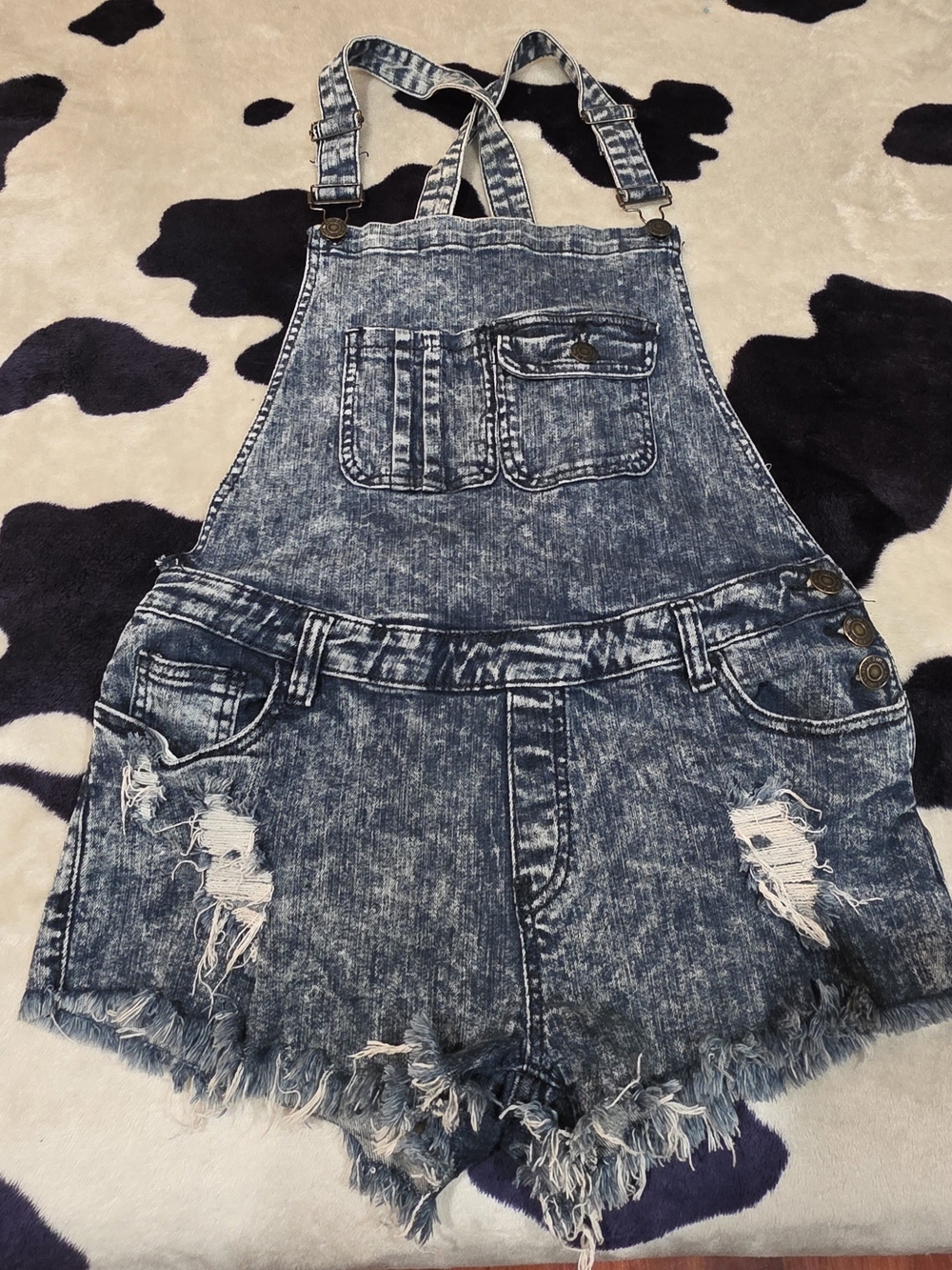 Machine Acid Wash Denim Short Overalls in Blue